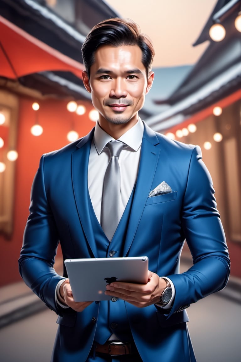 A gentle man, 35 yo, Vietnamese, showing ipad screen displaying a solid with image, wears comfortable suit, fashionista, happy emotions, TDNM,Enhanced All