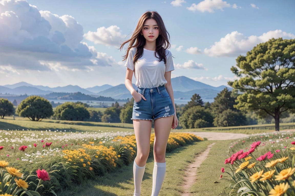 background is flower field,grass field,horizon,wind blowing,petals blowing,16 yo, 1 girl, beautiful girl,smile, wearing denim overalls skirt,long socks,standing on flower field,holding buquet, cowboy shot,very_long_hair, hair past hip, bangs, curly hair, realhands, masterpiece, Best Quality, 16k, photorealistic, ultra-detailed, finely detailed, high resolution, perfect dynamic composition, beautiful detailed eyes, ((nervous and embarrassed)), sharp-focus, full body shot,pink flower,flower.,Hyper,Attractive Vietnamese Girl,Perfect Anything,Enhance