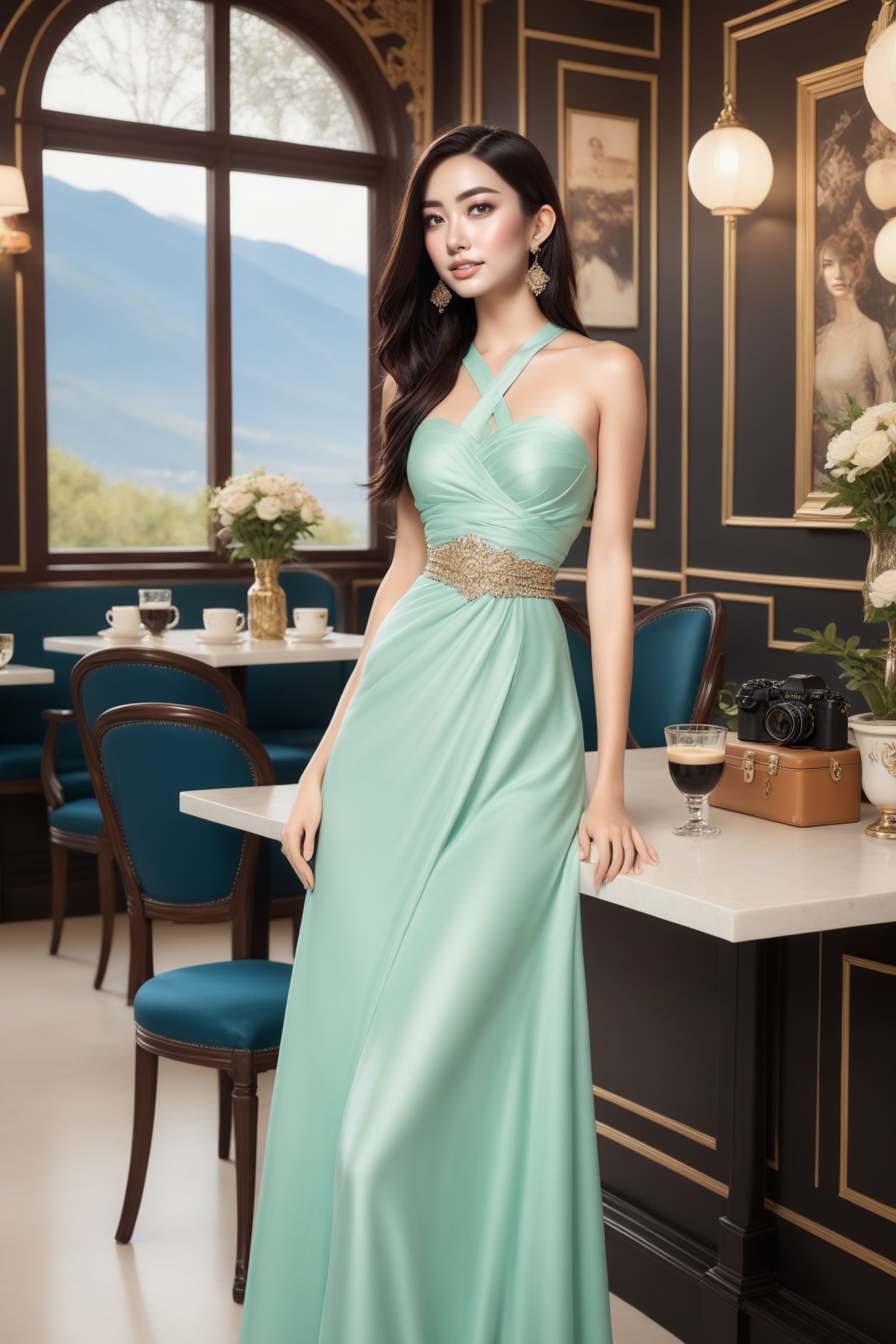 Hyper-Realistic photo of a girl sitting in a luxurious cafe,20yo,1girl,perfect female form,perfect body proportion,perfect anatomy,[Rose Gold,Deep Navy,Mint Green color],elegant dress,detailed exquisite face,soft shiny skin,smile,mesmerizing,disheveled hair,small earrings,necklaces,Louis Vuitton bag
BREAK
backdrop of a beautiful cafe,table,mountain view,coffee mug,people,(fullbody:1.2),(wideshot:1.2)
BREAK
(rule of thirds:1.3),perfect composition,studio photo,trending on artstation,(Masterpiece,Best quality,32k,UHD:1.4),(sharp focus,high contrast,HDR,hyper-detailed,intricate details,ultra-realistic,award-winning photo,ultra-clear,kodachrome 800:1.25),(chiaroscuro lighting,soft rim lighting:1.15),by Karol Bak,Antonio Lopez,Gustav Klimt and Hayao Miyazaki,photo_b00ster,real_booster,art_booster,kimtaeri-xl