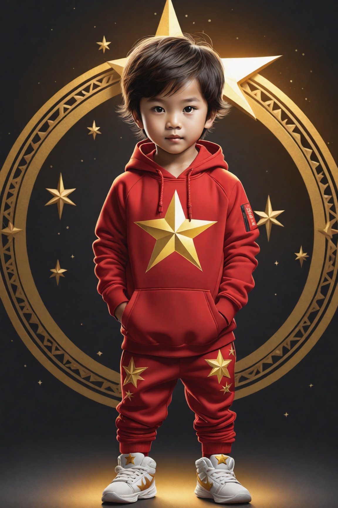 ((full body)) body_marking, highly detailed shot tribal version character of cute Vietnamese boy kid in Red mix Yellow winter sport outfit has a big golden star, masterpiece artwork, white accent, detailed face features, subtle gradients, extremely detailed, photorealistic, 8k, centered, perfect symmetrical, studio photography, muted color scheme, made with adobe illustrator, solid dark background 