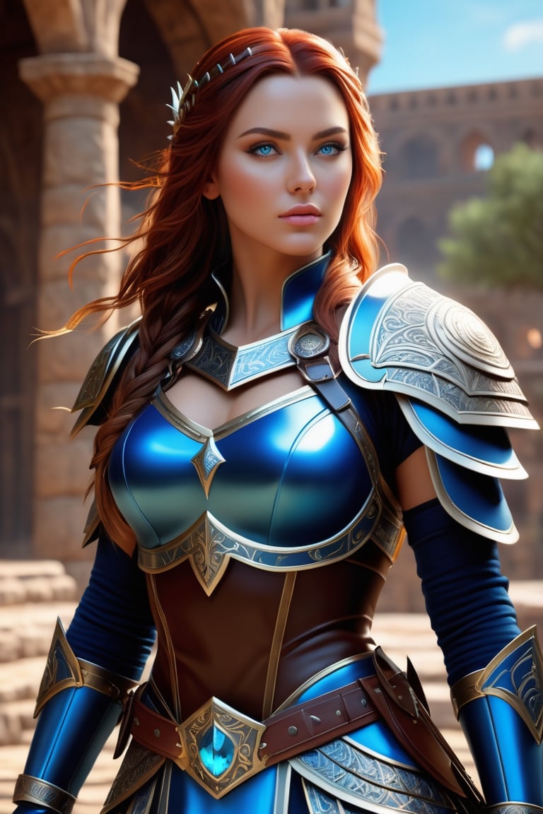 Realistic photo, 3D rendering of very beautiful warrior woman, blue eyes, dressed as a warrior, looking at the sky, highly detailed costume, posing, armor, extremely detailed, ancient city background, Scarlett Raven style masterpiece, best quality, HD, extremely detailed lighting, volumetric, fantasy, character, inspiration, photorealistic, hdr, 8k, subsurface scattering, specular lighting, high resolution, octane rendering, ray tracing, neon colors,