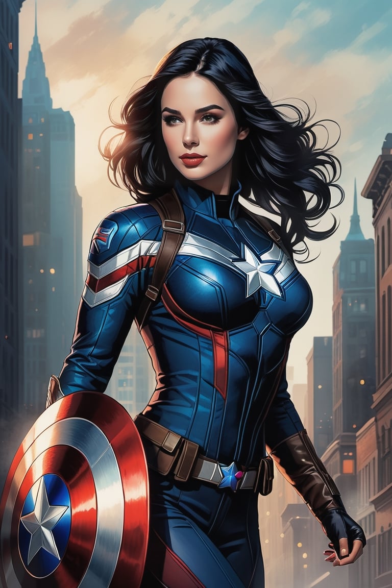 photo realistic, full body (Sarah Jordan), dressed in a very tight Captain America suit, black hair, long wavy hair (tetradic colors), no mask, night city background, inkpunk, full shot, cel-shading style, centered image, ultra detailed illustration, ink lines, strong contours, art nouveau, MSchiffer art, bold strokes, no frame, high contrast, cellular shading, vector, 32k resolution, best quality, procreation, watercolor technique, poster design, 300dpi, soft lighting, ethereal art, mysterious and serene expression, charming atmosphere, bokeh, photography, 8k, dark and dynamic action, pale faded style, dreamy nostalgic, soft focus, dark vignetting, light leaks, medium photography, art painting of shadows, ethereal photography, whimsical and rough grain