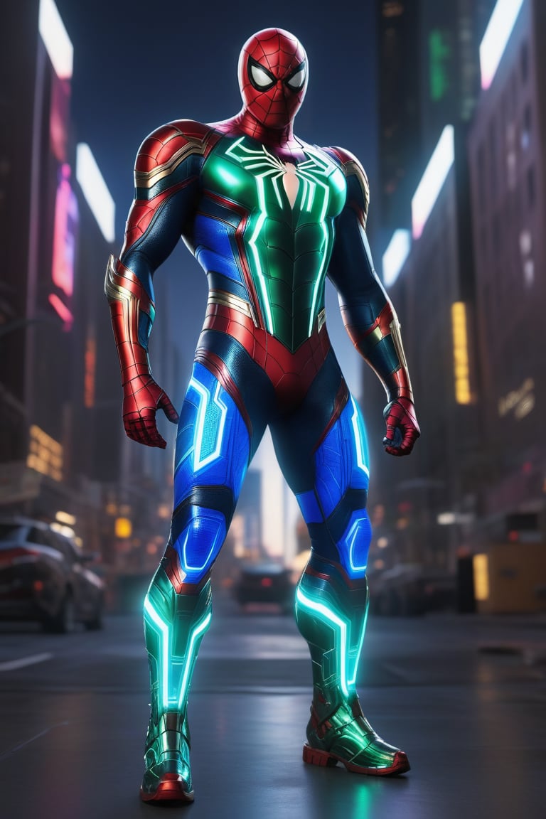 Envision a hyper-realistic, full-length portrayal of a man garbed as Spiderman. This cybernetic, shimmering figure is captured in a multichromatic palette, illuminated by bright neon rays with a black and green outline. The official art style, indigo renderer, panther-like exoskeleton, and jade viridescent hues are striking. A medium shot accentuates his transparent, cybernetic armor. His muscular build, akin to a paladin, stands out against a photorealistic, intricately detailed cityscape, with buildings that enhance the suit's armor, all aglow with the radiance of remarkable prisms and neon lights.