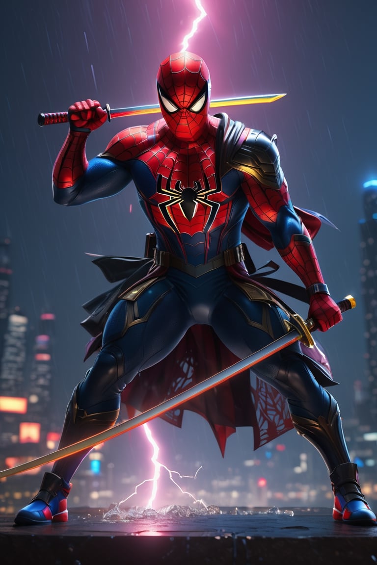 Spiderman with Ninja Samurai style 1-10, saber, neon colors, full body, rain, lightning, facing camera, hero pose, looking at viewer, 3D rendering, muscles, detailed thick edges, perfect body, detailed with armor and cybernetics neon blue, red, night city background, intricately detailed, hdr, 8k, subsurface scattering, specular lighting, high resolution, octane rendering, neon ray tracing,