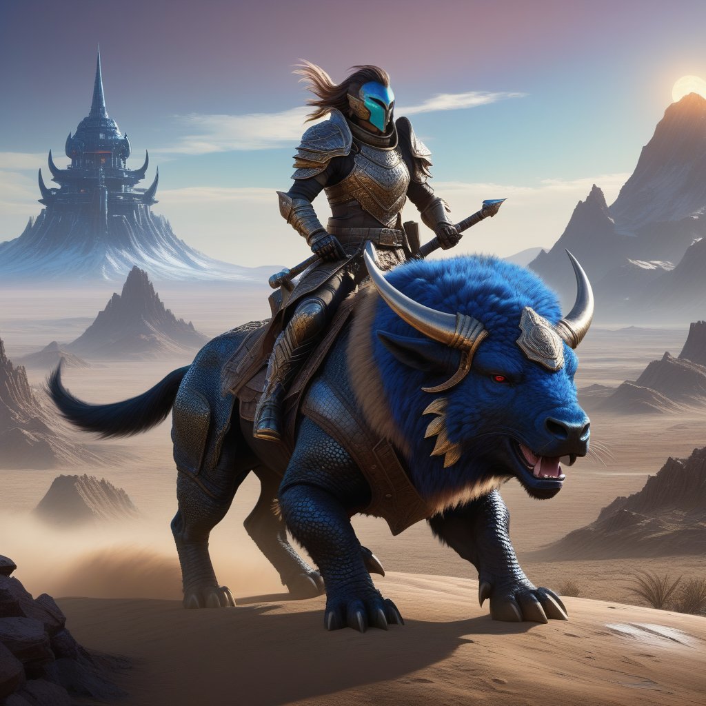 fantastic, a cold-blooded alien warrior in leather and fur armor on a distant planet, rides on a buffalo lizard-like mount, the mount has dark, hairy fur and fangs, Background of an alien village in a wasteland, intricate details , by Greg Rutkowski, detailed, intricate, masterpiece, depth of field, unreal engine, perfect composition, digital art on pixiv, art station, 8k, hdr