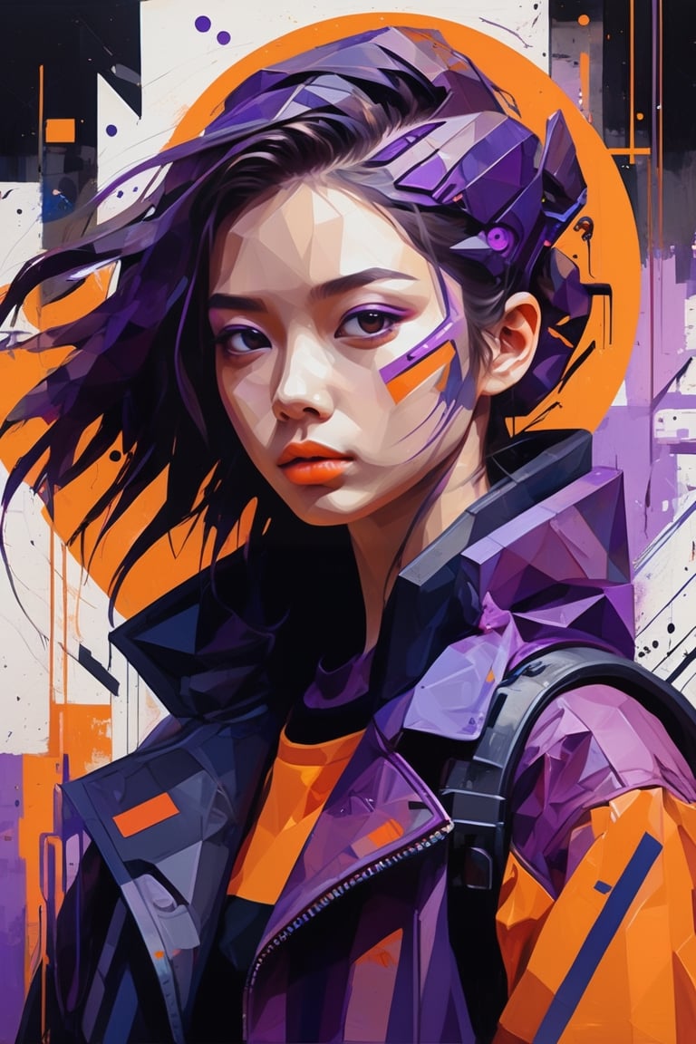 aesthetic, ((2 tone)), (orange and purple:1.4) , simplified shapes, figurative, style mix of acrylic painting, watercolor, oil painting, photography, digital art,   brush strokes, dark color pop, a gorgeous young woman , cyberpunk , highly detailed , ultra detailed, very intricate, low poly, abstract surreal, Kanji , Katakana ,  niji style, graffiti style,  comics style, anime style