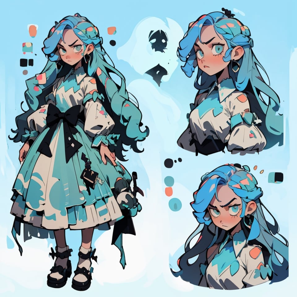 CharacterSheet,Girl with long blue hair, serious, sweet,   dress_shirt,Multiple poss and expressions,Highly detailed,Depth,Many parts, multiple views, character_sheet, reference_sheet