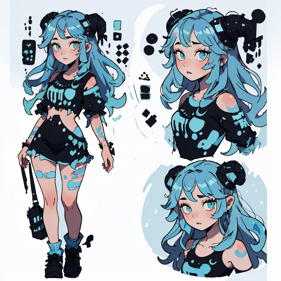 CharacterSheet,Girl with long blue hair, sweet,   black_shirt,Multiple poss, varieties expressions,Highly detailed,Depth,Many parts, multiple views, character_sheet