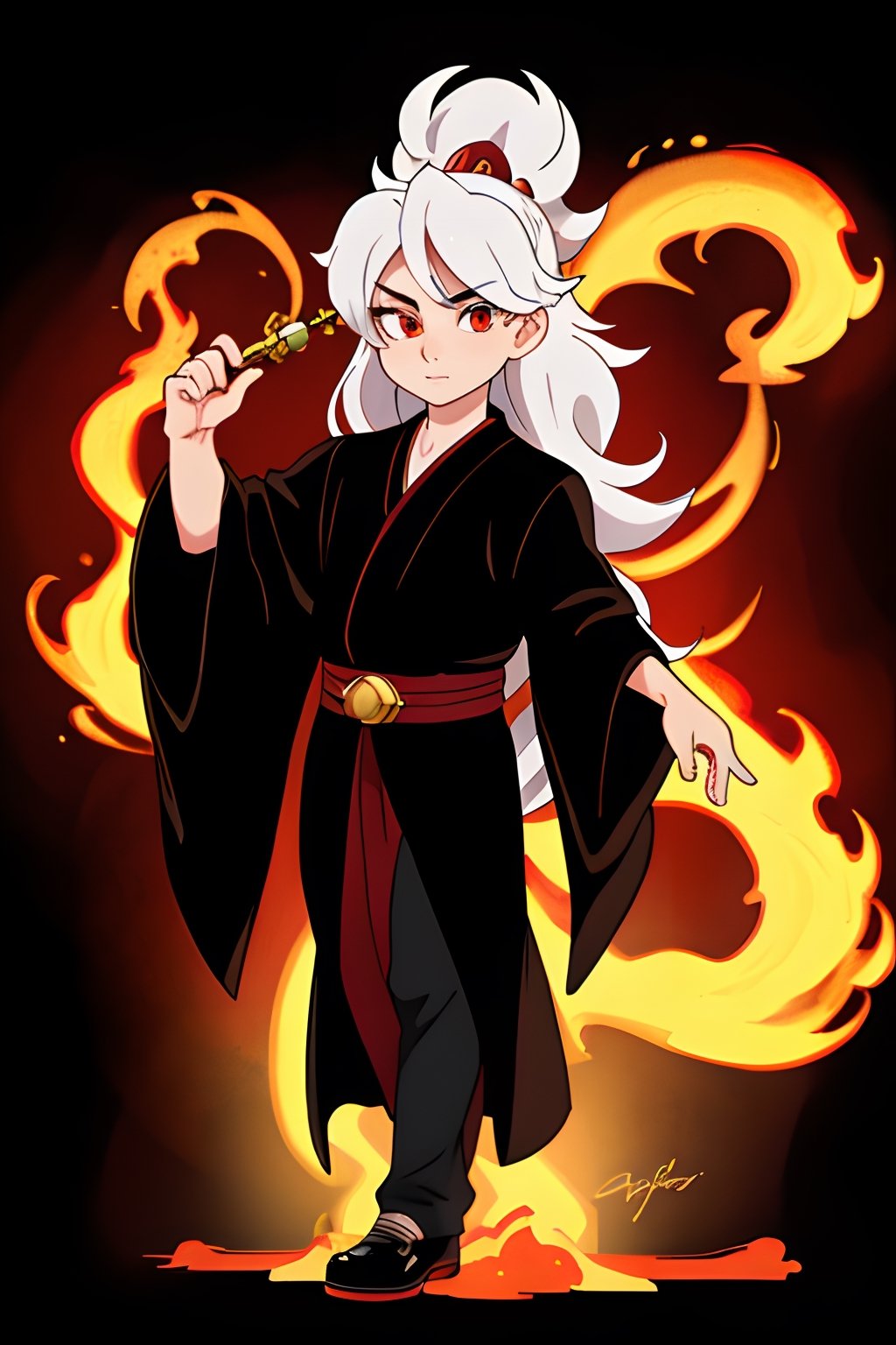 HD, highly detailed face, anime demon middle age man with dark robe, full body panned out view, masterpiece, hyperdetailed full body, hyperdetailed masculine face and nose, complete body view, ((hyperdetailed eyes)), perfect body, perfect anatomy, beautifully detailed face, white long hair, red eyes, pale white skin, standed on hell background surrounded by flames, illustration, hyperrealistic 