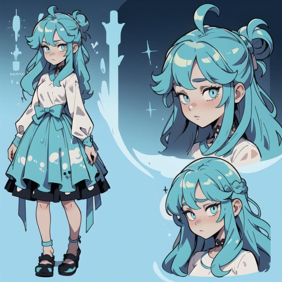 CharacterSheet,Girl with long blue hair, sweet,   dress_shirt,Multiple poss and expressions,Highly detailed,Depth,Many parts, multiple views, reference_sheet