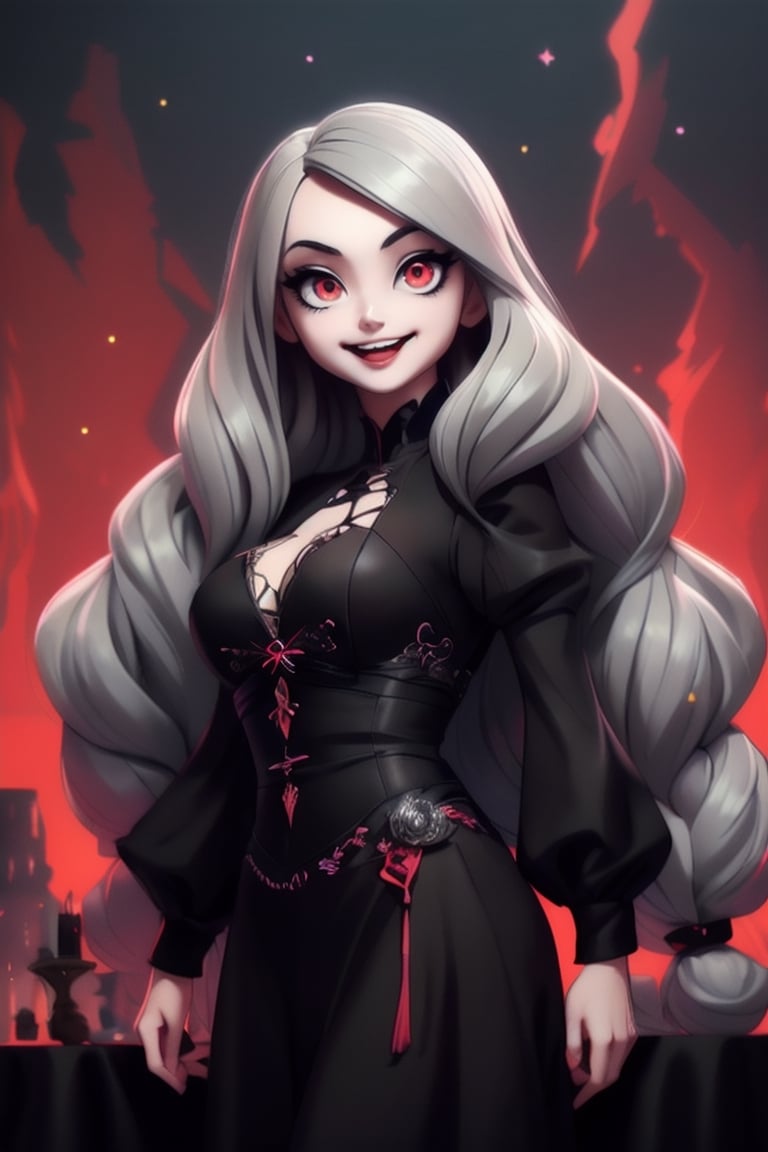 anime style, 1girl, (modern clothing), (light_gray long hair:1.3), (long hairstyle:1.4), red eyes, detailed eyes, 1 woman, (bright eyes), best quality, extremely detailed, HD, 8k, 1 girl, ((evil_smile)), ((evil eyes)), dark landscape, gothic background,retro, hair super detailed, skin detailed, intricate detailed, 8k, UHD, master piece