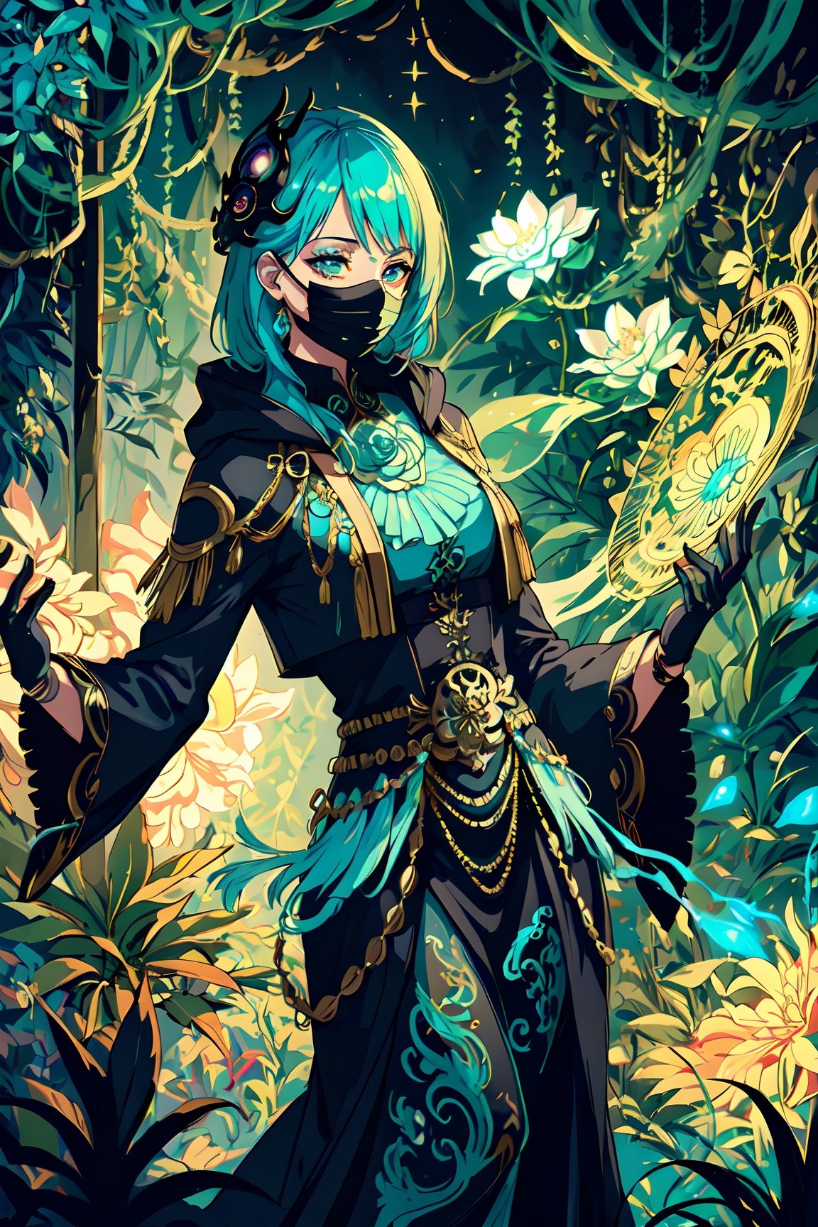 (Fantasy style),  ((extremely detailed illustration)),  highres,  (extremely detailed and beautiful),  ultra detailed painting,  professional illustrasion,  Ultra-precise depiction,  Ultra-detailed depiction,  (beautiful and aesthetic:1.2),  HDR,  (depth of field:1.4),  a magic  jade flower,  beautiful plant,  beautiful forest,  cyan and gold details,  light pop colors,  sparkled over then,  many colors,  split-color cyan,  clouds of smoke ,  tattoos, (black mask:1.2)