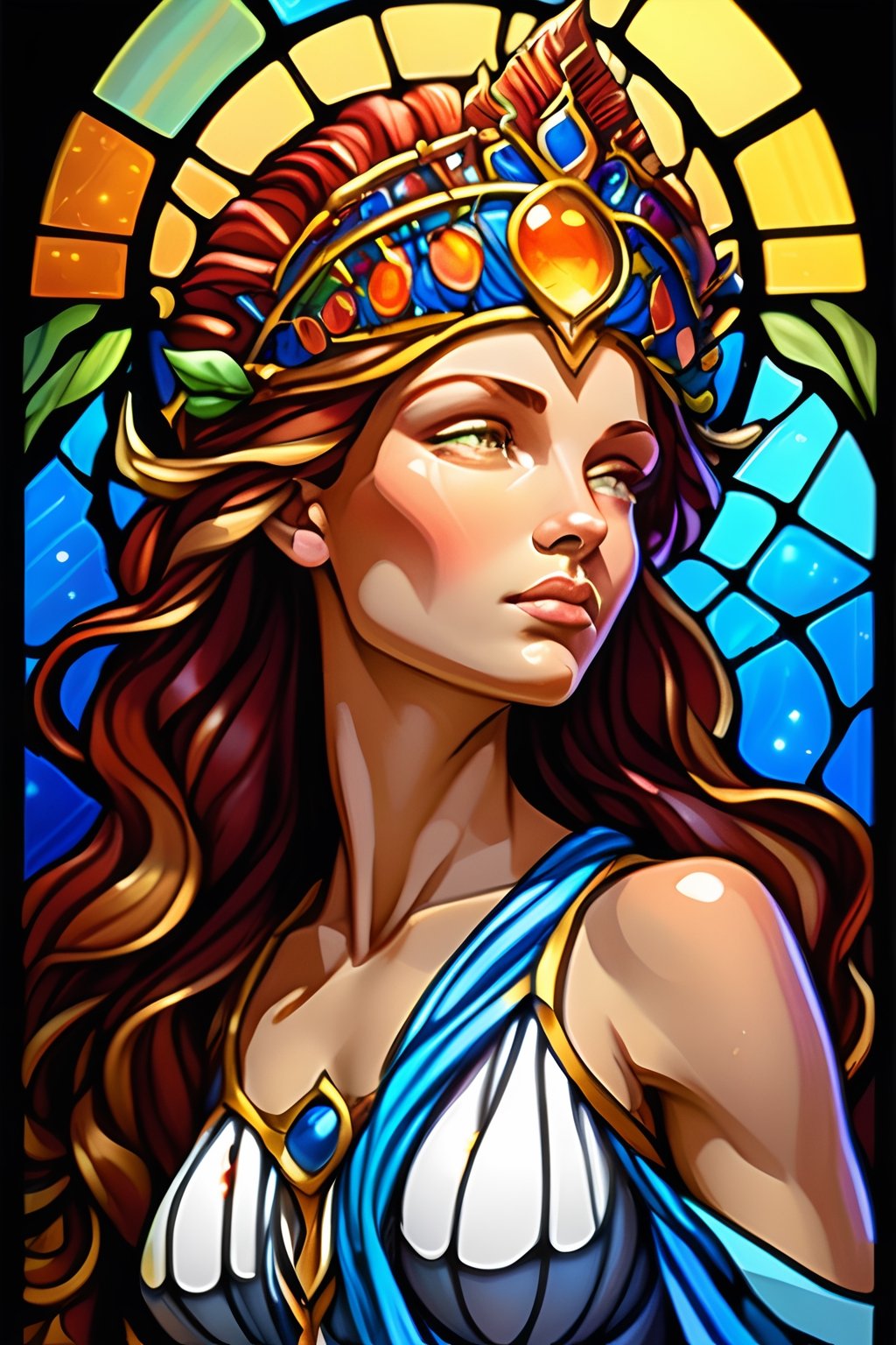 stained glass art of goddess, mosaic-stained glass art, stained-glass illustration, close up, portrait, concept art, (best quality, masterpiece, ultra-detailed, centered, extremely fine and aesthetically beautiful, super fine illustration), centered, epic composition, epic proportions, intricate, fractal art, zentangle, hyper maximalism,JAR,midjourney,samdoesart,Leonardo Style