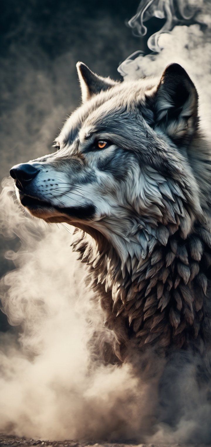 The image features a smoke-like representation of a Wolf. The smoke is billowing upwards, creating a visually striking and artistic effect. The smoke is so dense and well-formed that it resembles the shape of a Wolf, making it an interesting and unique sight. This artistic representation of a Wolf using smoke adds a creative and captivating element to the scene. 