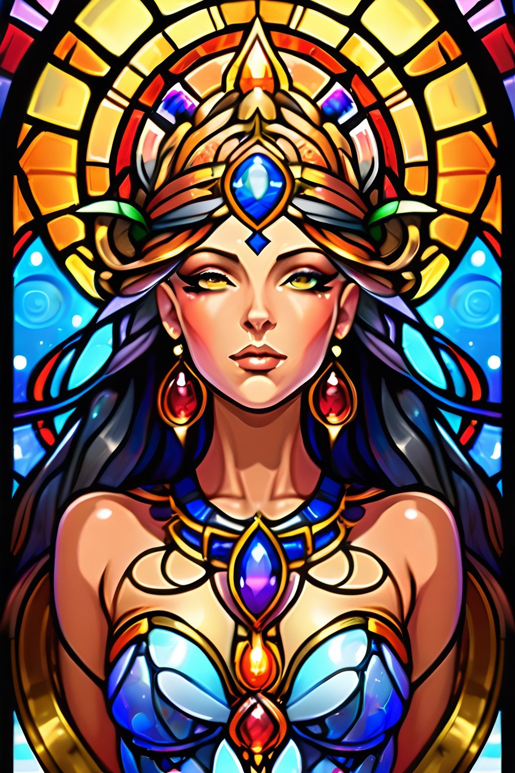 stained glass art of goddess, mosaic-stained glass art, stained-glass illustration, close up, portrait, concept art, (best quality, masterpiece, ultra-detailed, centered, extremely fine and aesthetically beautiful, super fine illustration), centered, epic composition, epic proportions, intricate, fractal art, zentangle, hyper maximalism,JAR,midjourney,samdoesart