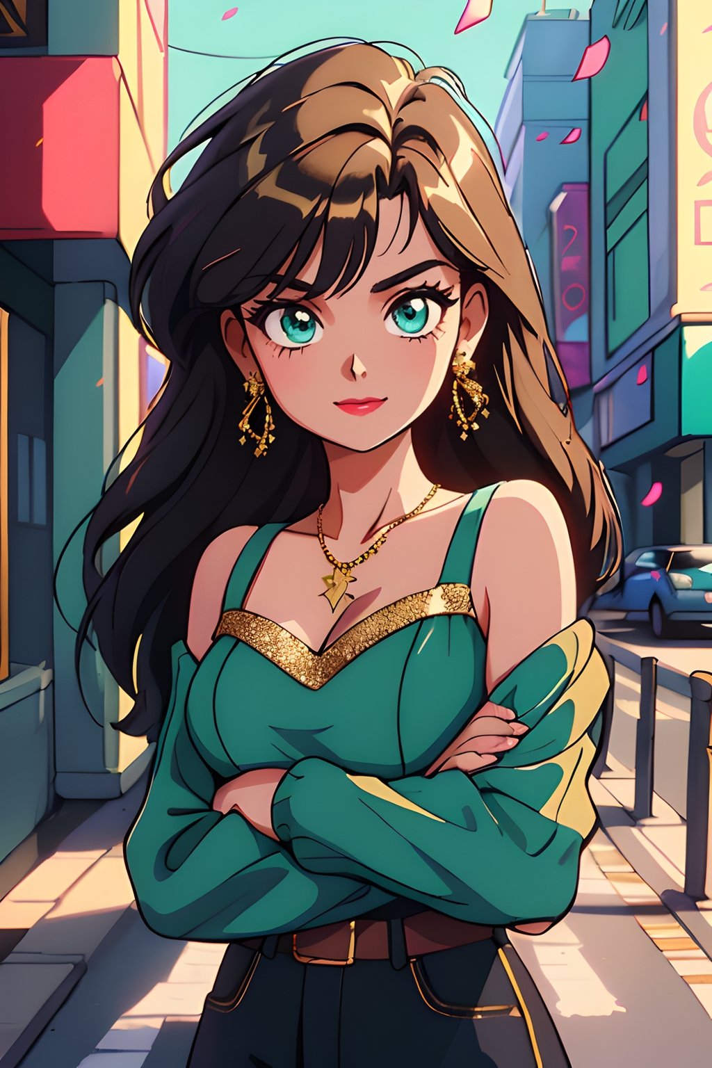 (Neo pop style),  ((extremely detailed),  highres,  (extremely detailed and beautiful),  perfect eyes,  ultra detailed painting,  professional,  Ultra-precise depiction,  Ultra-detailed depiction,  (beautiful and aesthetic:1.2),  HDR,  (depth of field:1.4),  a hippie girl in the city,  happiness expression,  beautiful city,  cyan details,  excited theme,  light over then,  many colors,  split-color Emerald,  gold sparkles,  flowers tattoos in your arms