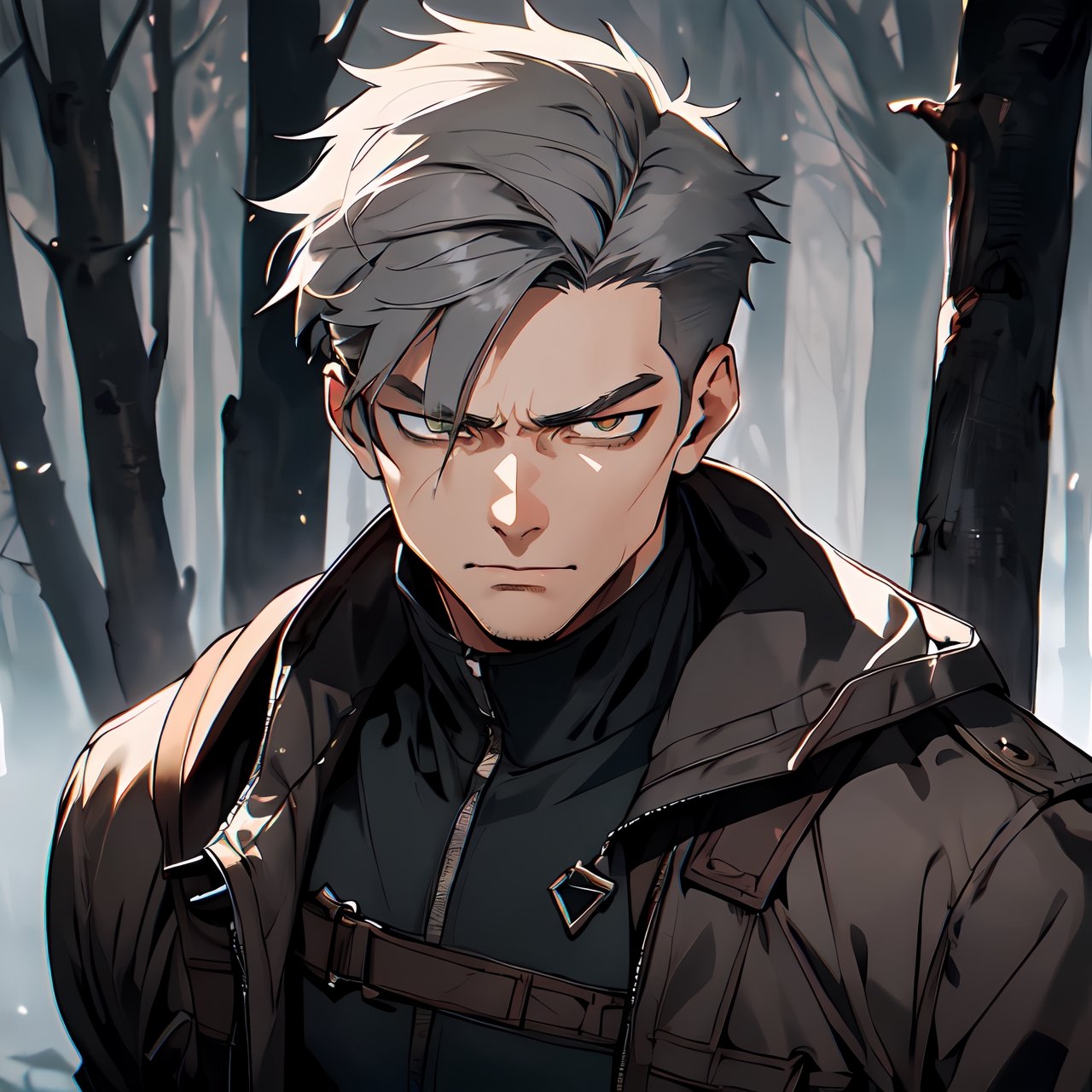 (Hunter clothing),  (short gray hair),  (short hairstyle),  brown_eyes,  bright eyes,  hunter style custom,  (Assassin's eyes),  sharpest quality,  extremely detailed,  high resolution, 1 man,  (satisfied_expression),  (agresive_attitude),  dark forest background,  bright atmosphere.