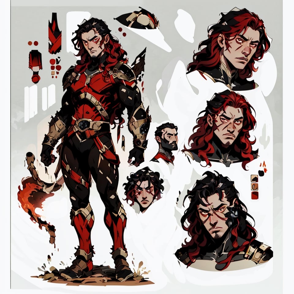 CharacterSheet, young man, masculine, with long red hair, various expressions,   black and red armor,Multiple poss, varieties expressions,Highly detailed,Depth,Many parts, multiple views,