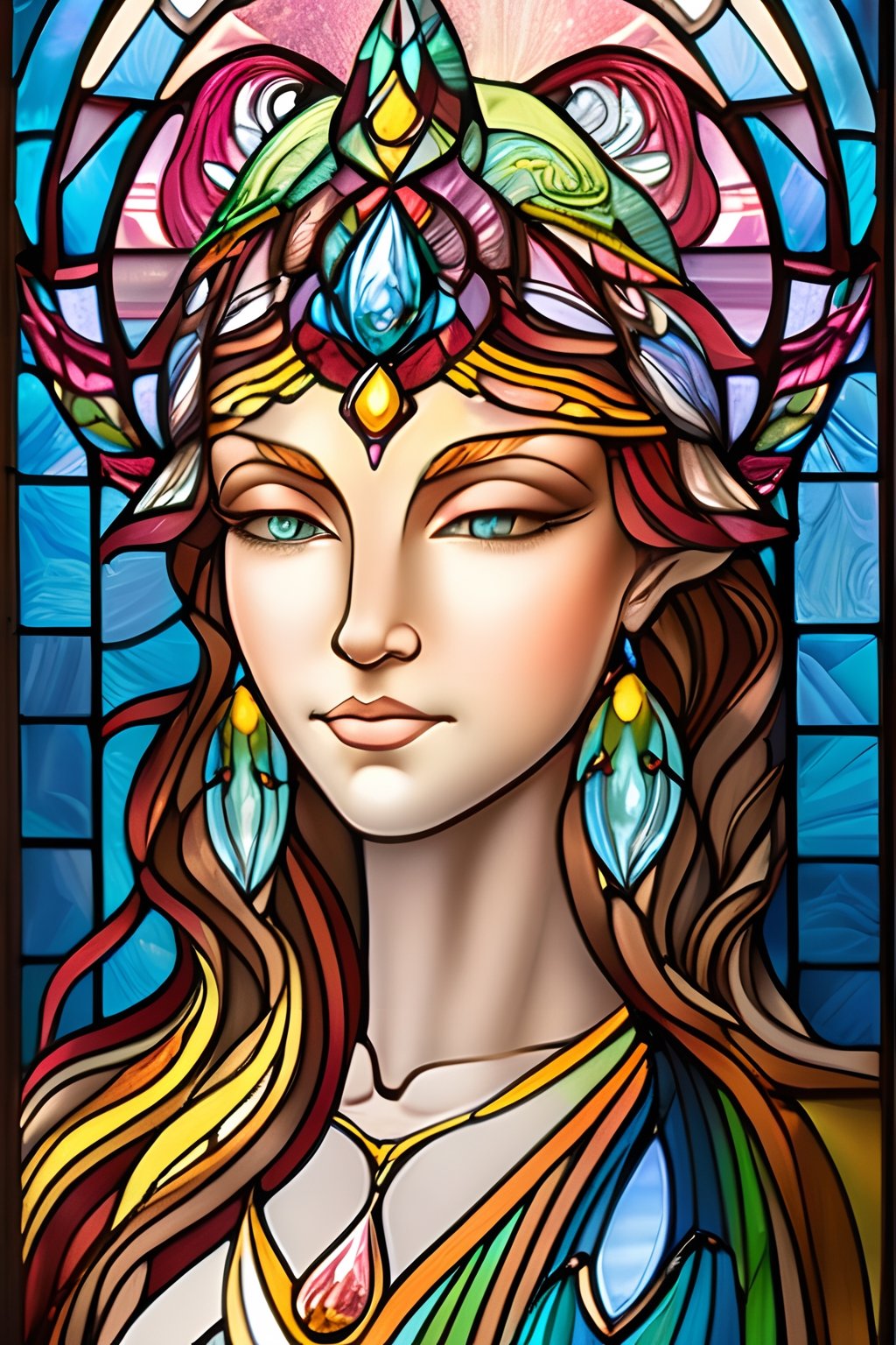 stained glass art of goddess, mosaic-stained glass art, stained-glass illustration, close up, portrait, concept art, (best quality, masterpiece, ultra-detailed, centered, extremely fine and aesthetically beautiful, super fine illustration), centered, epic composition, epic proportions, intricate, fractal art, zentangle, hyper maximalism,JAR,midjourney