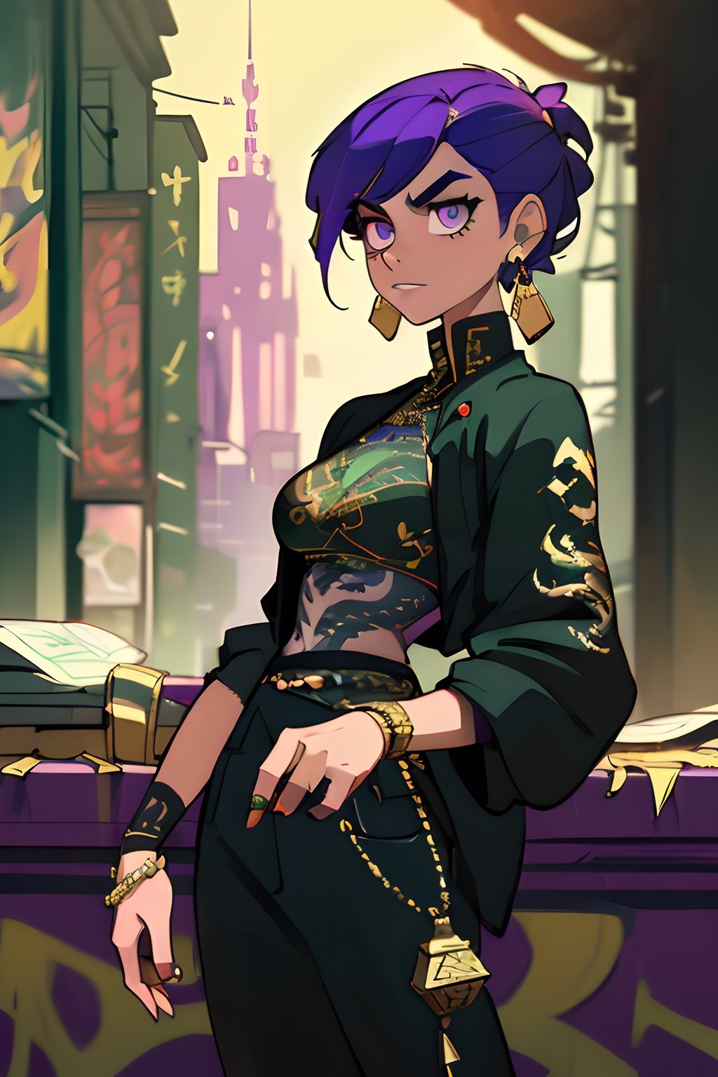 (Classic style),  ((extremely detailed),  highres,  (extremely detailed and beautiful), perfect eyes,  ultra detailed painting,  professional,  Ultra-precise depiction,  Ultra-detailed depiction,  (beautiful and aesthetic:1.2),  HDR,  (depth of field:1.4),  a hippie gangster girl in the city,  sarcastic expression,  beautiful city,  purple details,  intimidating theme,  money over then,  many colors,  split-color green,  gold jewelry, dragon tattoo in her body