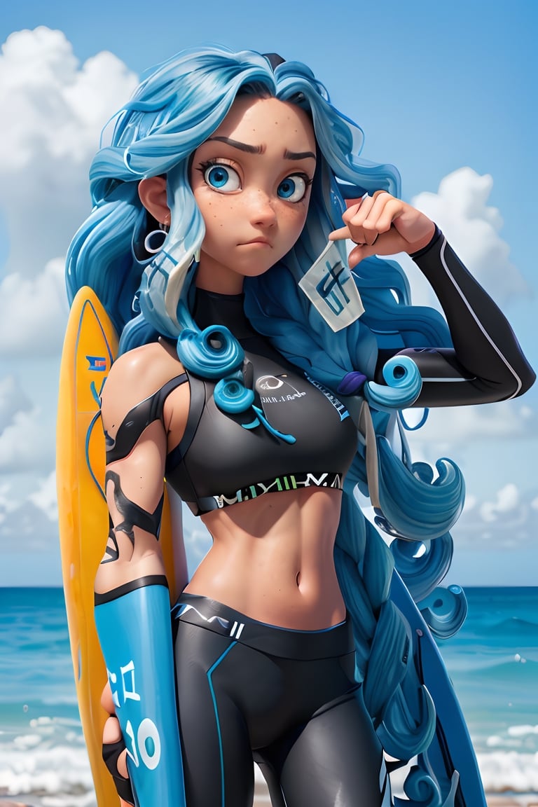 (Surfer clothing),  (long blue hair),  (curly hairstyle),  ((black_eyes)),  big eyes,  surfer style custom,  (expressive eyes),  sharpest quality,  extremely detailed,  high resolution,  1 girl,  (calm_expression),  (competitive_attitude),  ((miami beach background)), bright atmosphere.