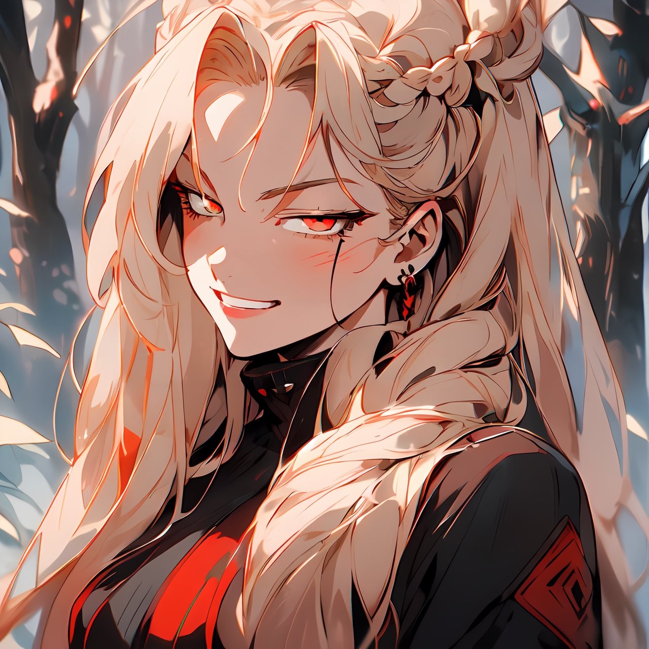 (Hunter clothing),  (long blonde hair),  (braided hairstyle),  red_eyes,  bright eyes,  hunter style custom,  (Assassin's eyes), (maniac smile) ,  sharpest quality,  extremely detailed,  high resolution, 1 girl,  (satisfied_expression),  (agresive_attitude),  dark forest background,  bright atmosphere.,1 girl,retro
