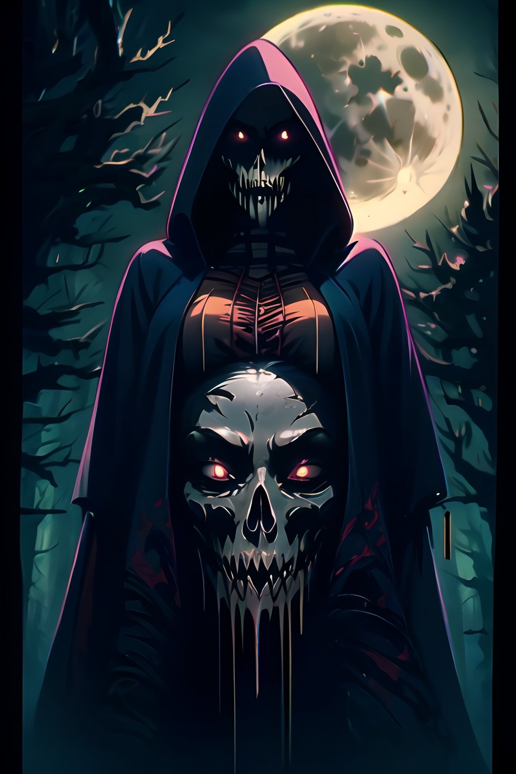 Masterpiece, Best Quality, vampire. Ominous hooded, looming with blade, gothic forest, full moon, Halloween theme, inking flow, splahs art, UHD, HDR