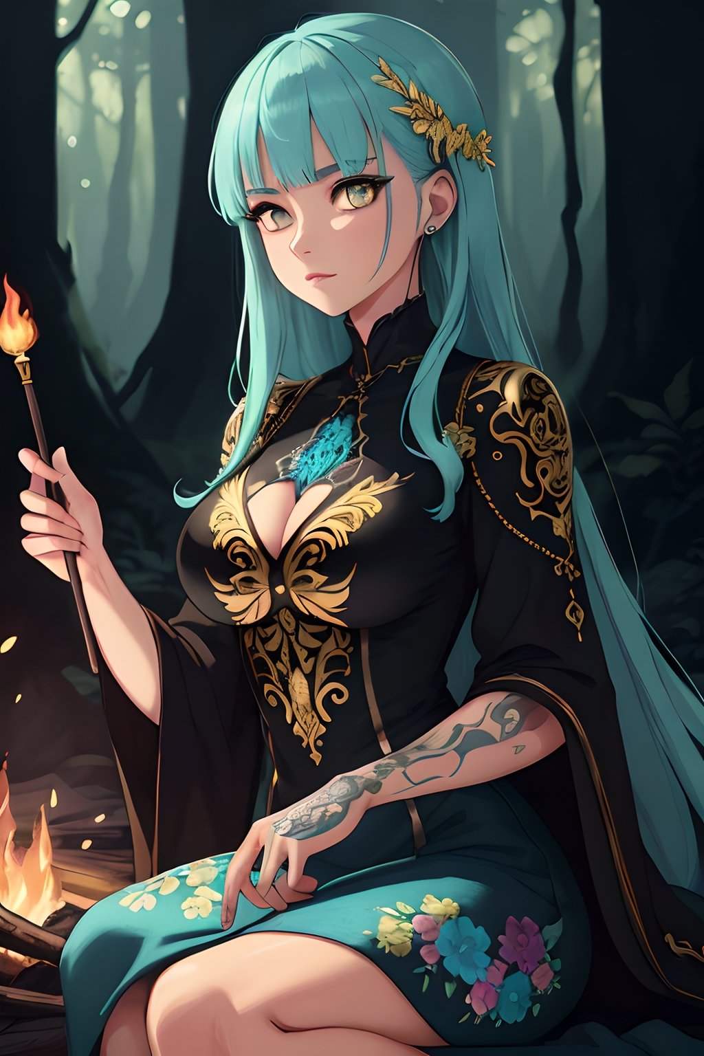 (Fantasy style),  ((extremely detailed illustration)),  highres,  (extremely detailed and beautiful),  ultra detailed painting,  professional illustrasion,  Ultra-precise depiction,  Ultra-detailed depiction,  (beautiful and aesthetic:1.2),  HDR,  (depth of field:1.4),  a Campfire in the forest,  beautiful painting,  beautiful forest,  black details,  light pop theme,  sparkled over then,  many colors,  split-color cyan,  gold flowers,  tattoos