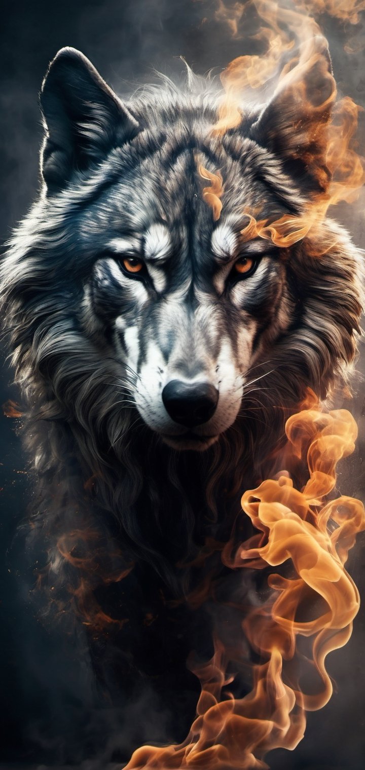 The image features a smoke-like representation of a Wolf, which appears to be a big dark wolf. The smoke is billowing upwards, creating a visually striking and artistic effect. The smoke is so dense and well-formed that it resembles the shape of a tiger, making it an interesting and unique sight. This artistic representation of a tiger using smoke adds a creative and captivating element to the scene. 