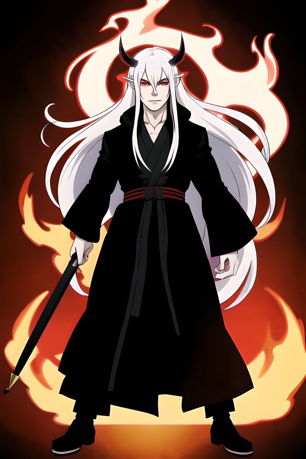 HD, highly detailed face, anime demon middle age man with dark robe, full body panned out view, masterpiece, hyperdetailed full body, hyperdetailed masculine face and nose, complete body view, ((hyperdetailed eyes)), perfect body, perfect anatomy, beautifully detailed face, white long hair, red eyes, pale white skin, standed on hell background surrounded by flames, illustration, hyperrealistic 