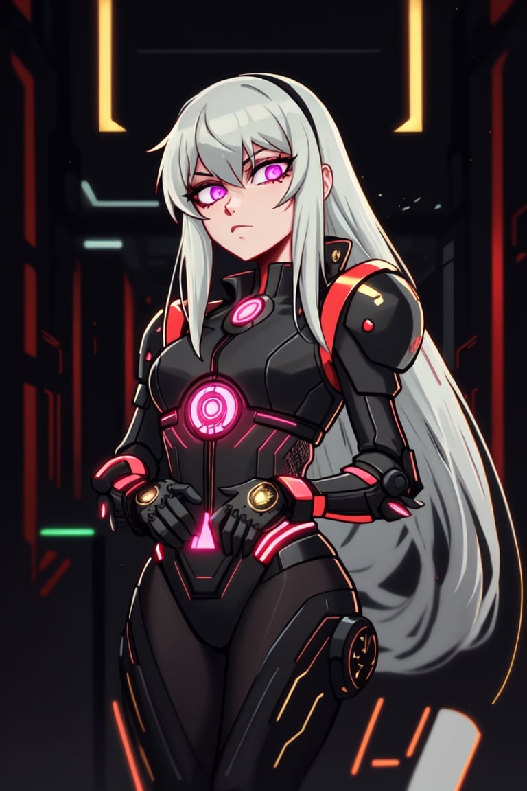 (best quality,  masterpiece),  aesthetic,  2 tone,  gold and black,  simplified shapes, visual novel  style,  dark pop color,  a futuristic black and red thick armor suit,  glowing body part,  glowing,  light reflection,  vivid colors,  glitch,  bokeh,  blurry_light_background,  Movie Still,  neon light on armor,  Mechanical part,  long silver hair,  ((neon_eyes)),  tattoos,  highly detailed,  ultra detailed,  very intricate,shoka (twewy),Shadman