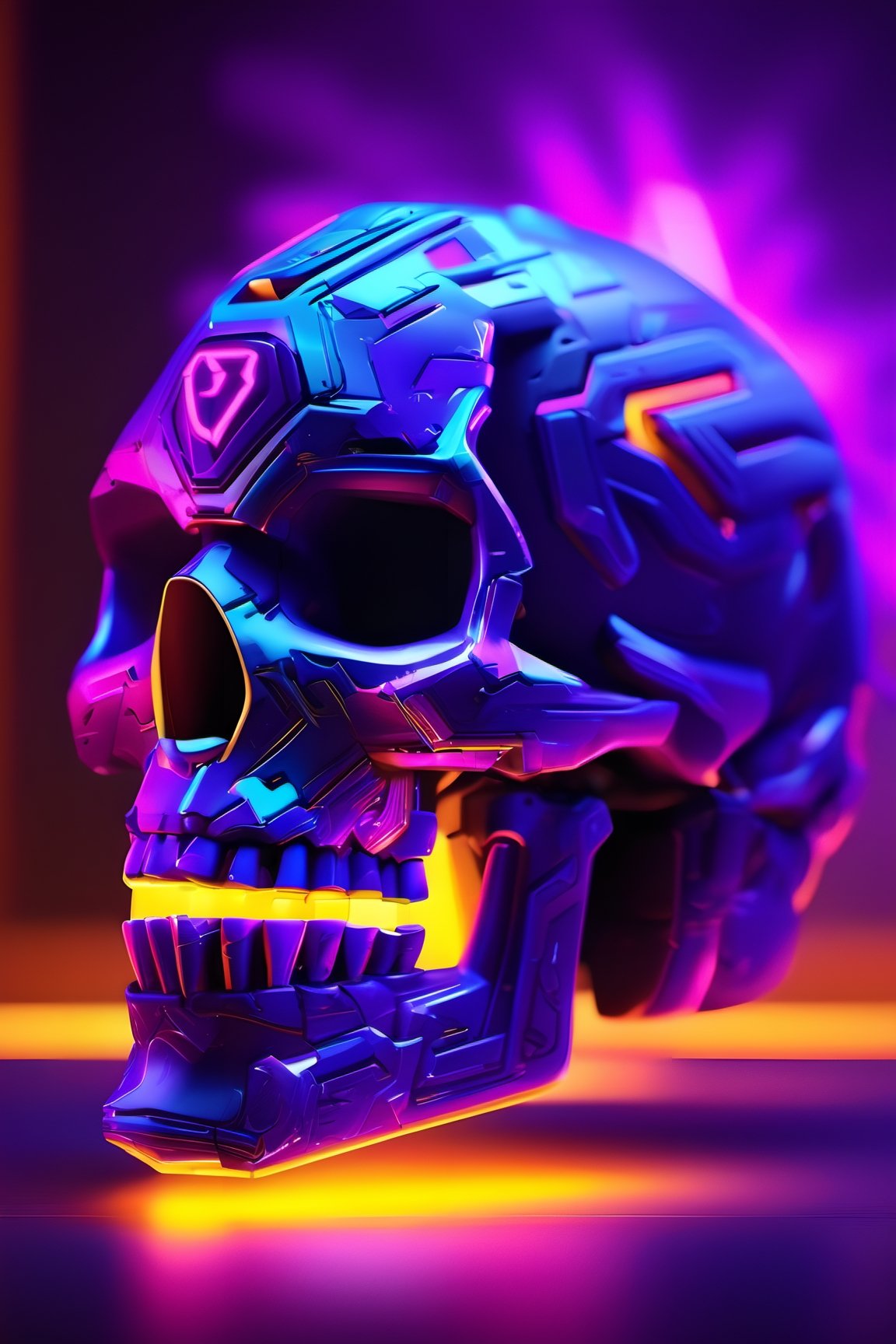 Overwatch style, video_game style, A skull is made up of code characters in Overwatch game style. The letters glow with a range of purple and neon colors, as if they have been taken from a digital world. The light and color shines and moves across the surface of the skull, giving the figure an almost hypnotic appearance.