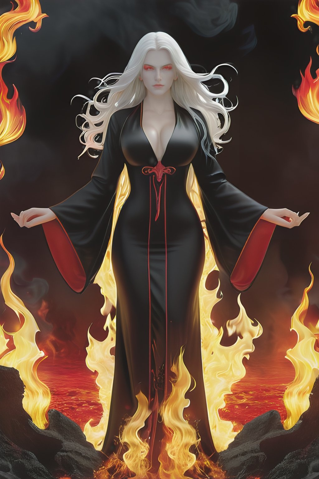 HD, highly detailed face, demon middle age woman with dark robe, full body panned out view, masterpiece, hyperdetailed full body, hyperdetailed beauti face and nose, complete body view, ((hyperdetailed eyes)), perfect body, perfect anatomy, beautifully detailed face, white long hair, red eyes, pale white skin, standed on hell background surrounded by flames, illustration, hyperrealistic 