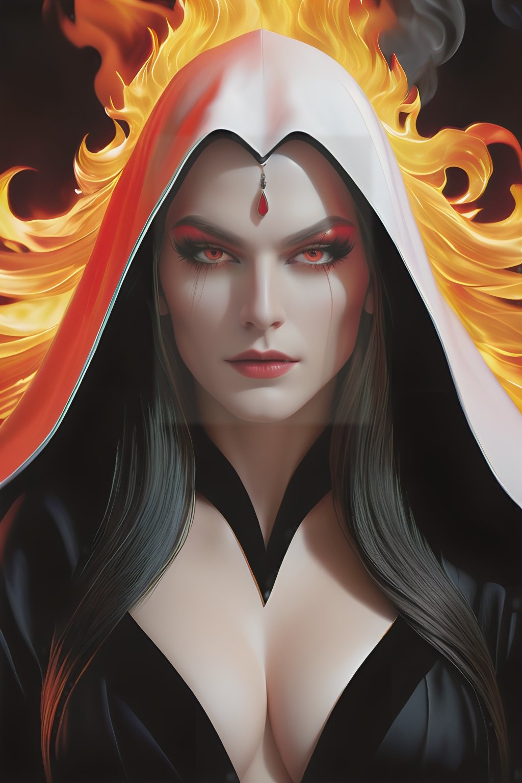HD, highly detailed face, demon middle age woman with dark robe, full body panned out view, masterpiece, hyperdetailed full body, hyperdetailed beauti face and nose, complete body view, ((hyperdetailed eyes)), perfect body, perfect anatomy, beautifully detailed face, white long hair, red eyes, pale white skin, standed on hell background surrounded by flames, illustration, hyperrealistic 