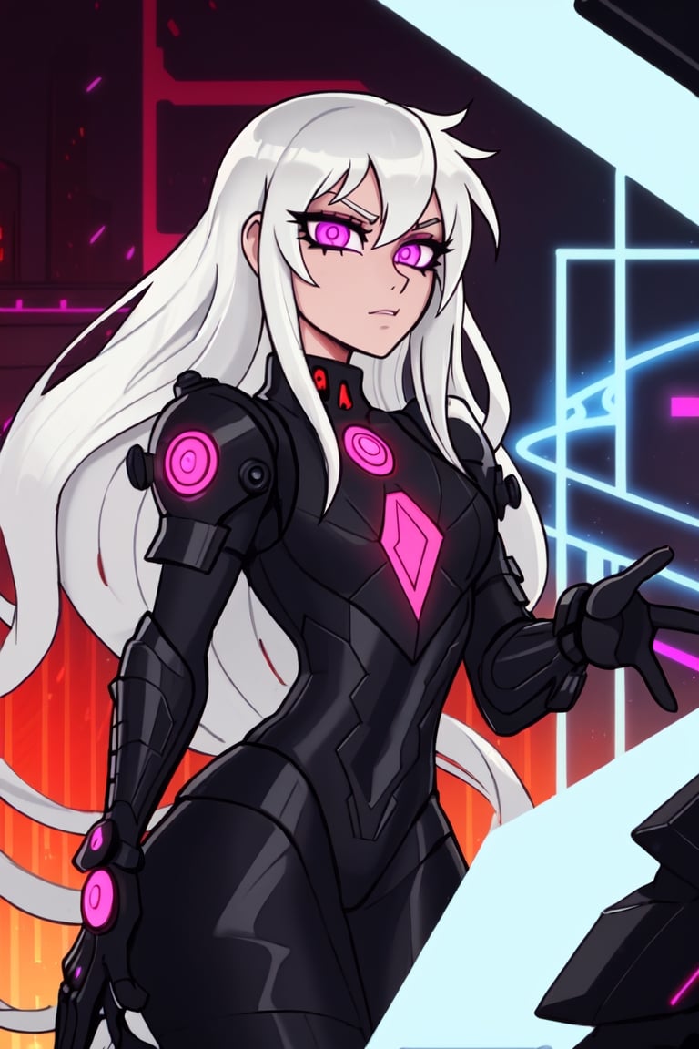 (best quality,  masterpiece),  aesthetic,  2 tone,  gold and black,  simplified shapes, visual novel  style,  dark pop color,  a futuristic black and red thick armor suit,  glowing body part,  glowing,  light reflection,  vivid colors,  glitch,  bokeh,  blurry_light_background,  Movie Still,  neon light on armor,  Mechanical part,  long silver hair,  ((neon_eyes)),  tattoos,  highly detailed,  ultra detailed,  very intricate,shoka (twewy),Shadman