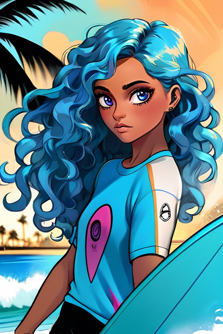 (Surfer clothing),  (long blue hair),  (curly hairstyle),  ((black_eyes)),  big eyes,  surfer style custom,  (expressive eyes),  sharpest quality,  extremely detailed,  high resolution,  1 girl,  (calm_expression),  (competitive_attitude),  ((miami beach background)), bright atmosphere.