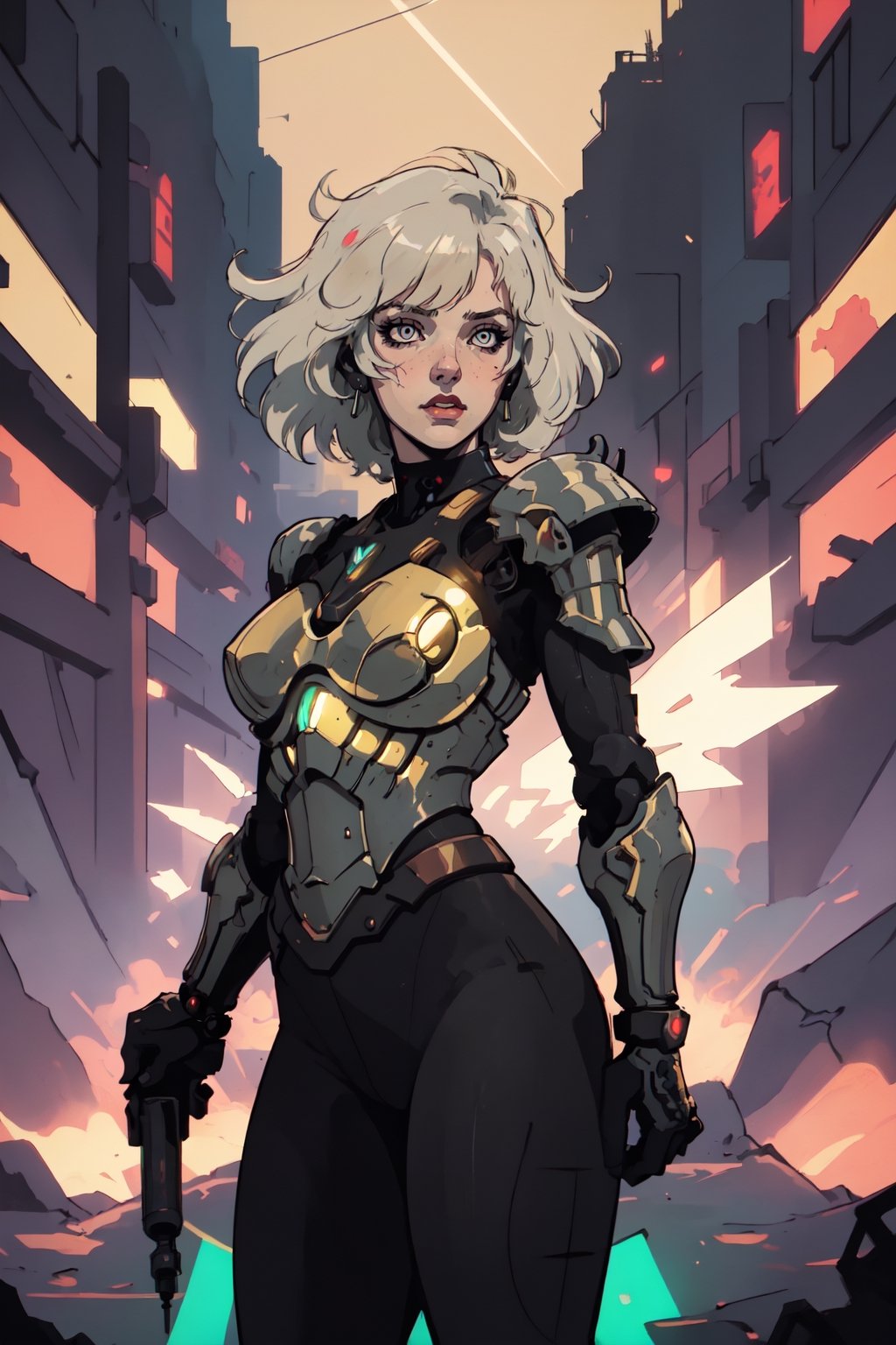 (best quality,  masterpiece),  aesthetic,  2 tone,  gold and black,  simplified shapes,  style of Overwatch game,  dark pop color,  a futuristic gold and red thick armor suit,  glowing body part,  glowing weapon laser canon,  light reflection,  vivid colors,  glittery light,  bokeh,  blurry_light_background, Movie Still,  neon light on armor , Mechanical part,  short white_hair,  ((neon_eyes)),  tattoos,  highly detailed,  ultra detailed,  very intricate,  surreal,  Kanji,  Katakana,shoka (twewy),Shadman,retro
