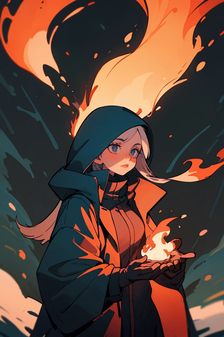 (best quality,  masterpiece),  1girl,  winter,  coat,  fire witch