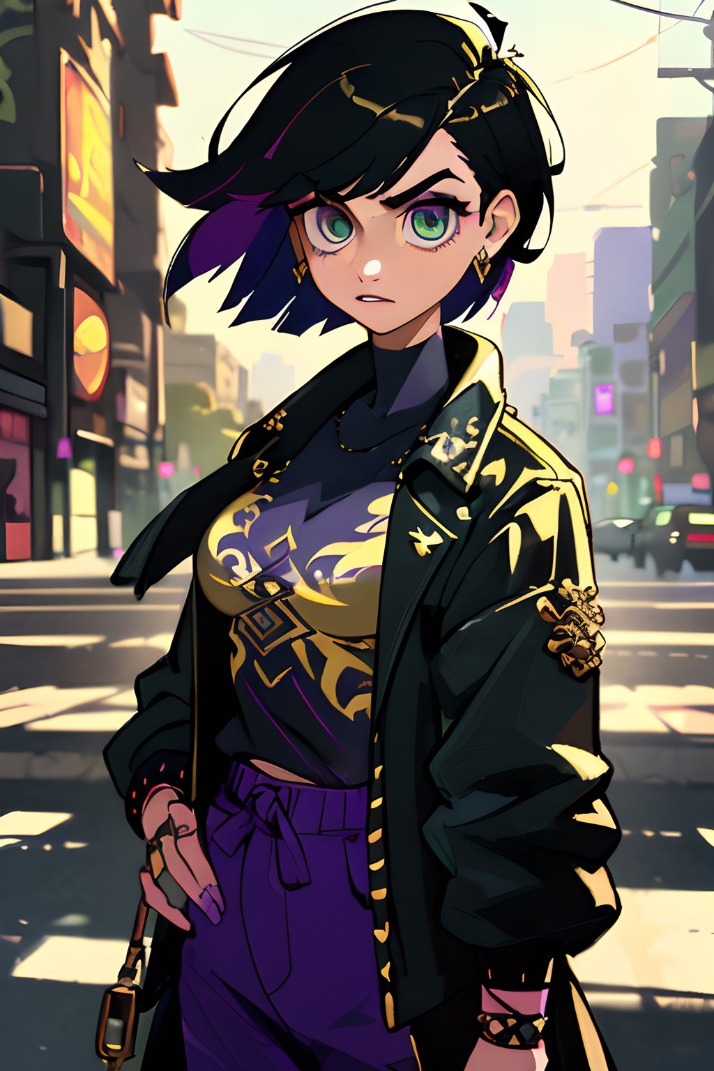(Street style),  ((extremely detailed),  highres,  (extremely detailed and beautiful), perfect eyes,  ultra detailed painting,  professional,  Ultra-precise depiction,  Ultra-detailed depiction,  (beautiful and aesthetic:1.2),  HDR,  (depth of field:1.4),  a gangster girl in the city,  sarcastic expression,  beautiful city,  purple details,  intimidating theme,  money over then,  many colors,  split-color green,  gold jewelry, dragon tattoo in her body