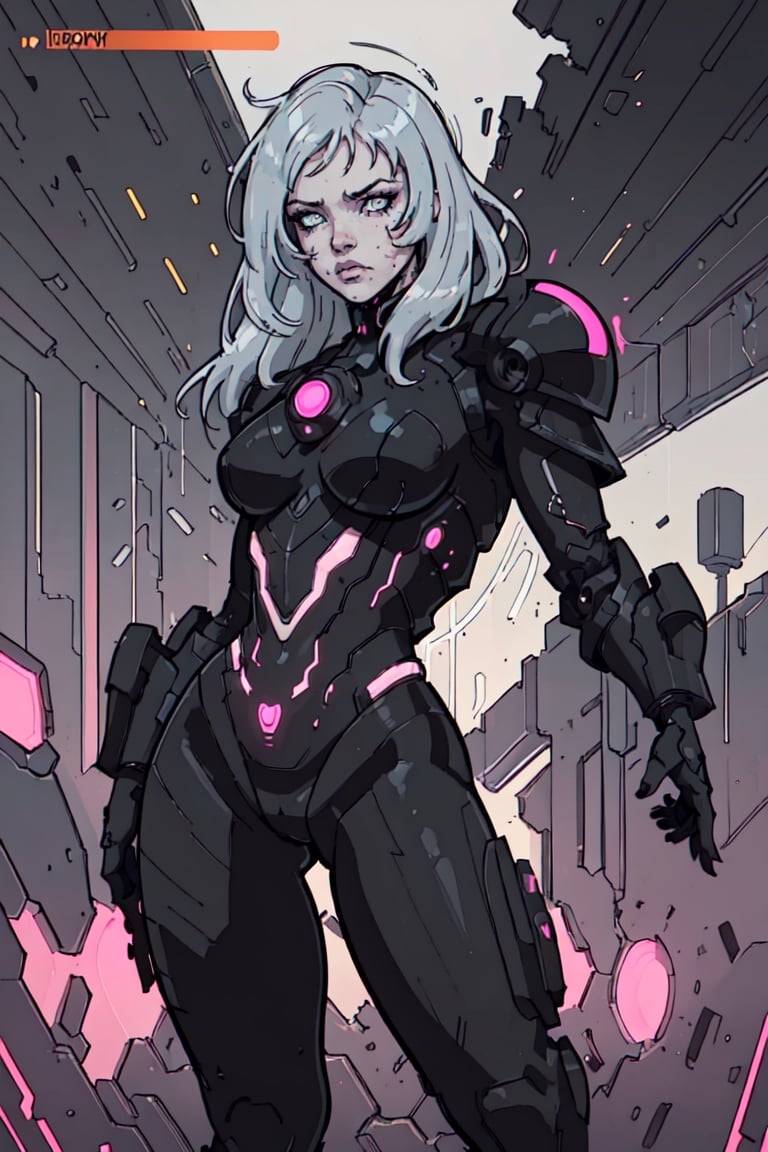 (best quality,  masterpiece),  aesthetic,  2 tone,  gold and black,  simplified shapes,  style of Comic Cartoon,  dark pop color,  a futuristic black and red thick armor suit,  glowing body part,  glowing,  light reflection,  vivid colors,  glitch,  bokeh,  blurry_light_background,  Movie Still,  neon light on armor,  Mechanical part,  long silver hair,  ((neon_eyes)),  tattoos,  highly detailed,  ultra detailed,  very intricate,