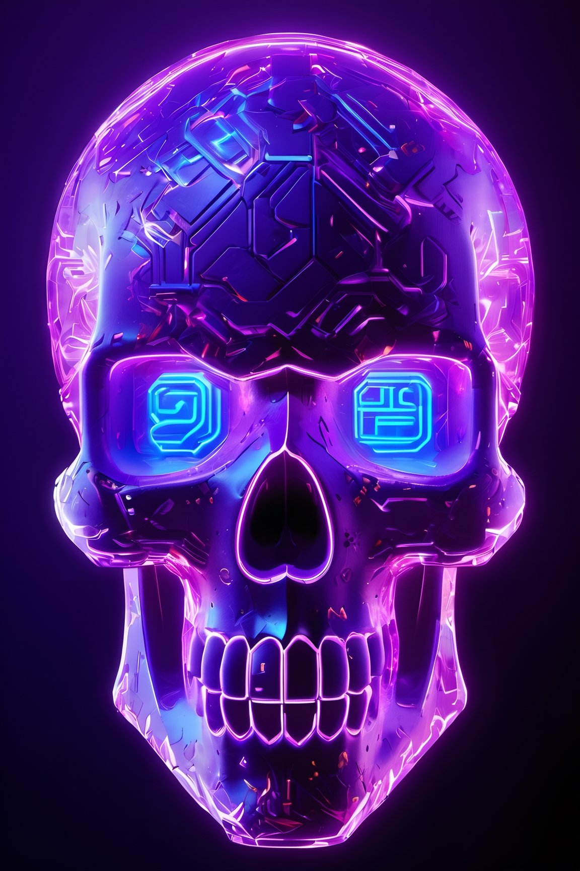Overwatch style, A skull is made up of code characters Overwatch style. The letters glow with a range of purple and purple colors, as if they have been taken from a digital world. The light and color shines and moves across the surface of the skull, giving the figure an almost hypnotic appearance.