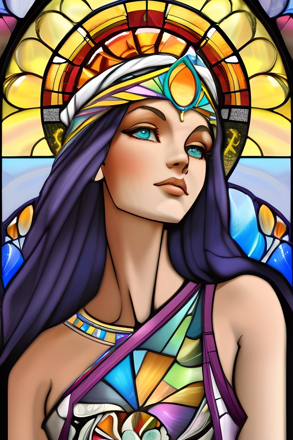 stained glass art of goddess, mosaic-stained glass art, stained-glass illustration, close up, portrait, concept art, (best quality, masterpiece, ultra-detailed, centered, extremely fine and aesthetically beautiful, super fine illustration), centered, epic composition, epic proportions, intricate, fractal art, zentangle, hyper maximalism,JAR,midjourney,samdoesart