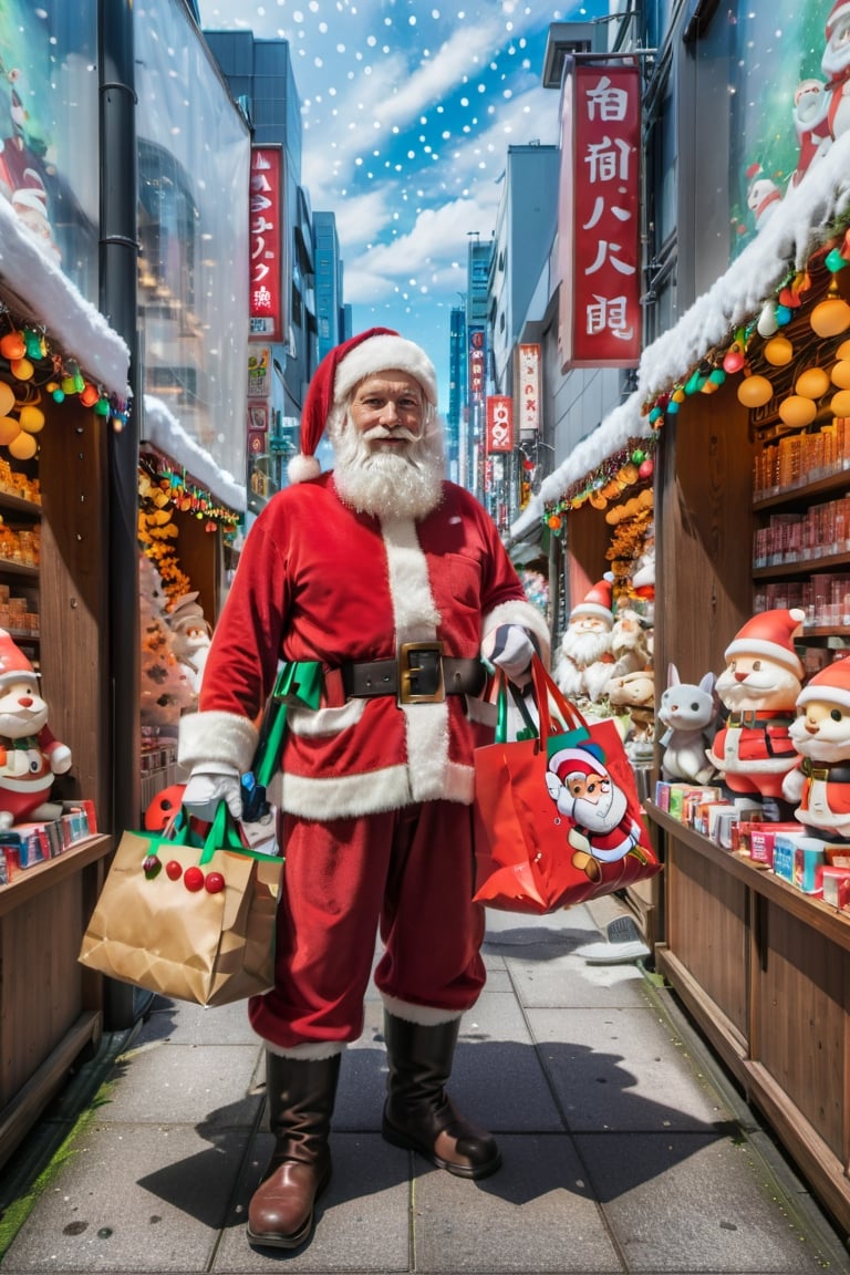 Santa Claus immersed in the anime and manga wonderland of Studio Ghibli, Santa, donned in a festive outfit, passionately browses through specialized stores, carefully examining and excitedly acquiring a diverse array of impeccably detailed, limited-edition beautiful girl figurines,The backdrop captures the neon lights, bustling crowds, and unique charm of Akihabara's otaku culture, as Santa gleefully indulges in his quest for the perfect additions to his anime-themed holiday haul,((Santa Claus holding big shopping bag)),Extremely Realistic