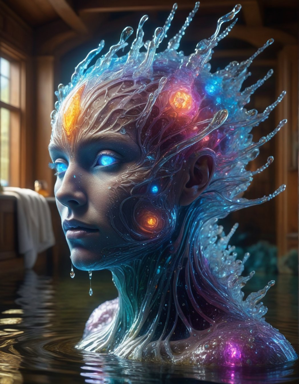 Ultra-realistic, hyper detailed and sharp photographic representation of a majestic body of human creature, in the style of Bioluminescent crystal liquid, vray tracing, raw character, 32k uhd, schlieren photography, conceptual medium body, creating a colorful and contrasting atmosphere, in a lake of a (Antique house), (vivid colors), (perfect contrast),DonMW15pXL