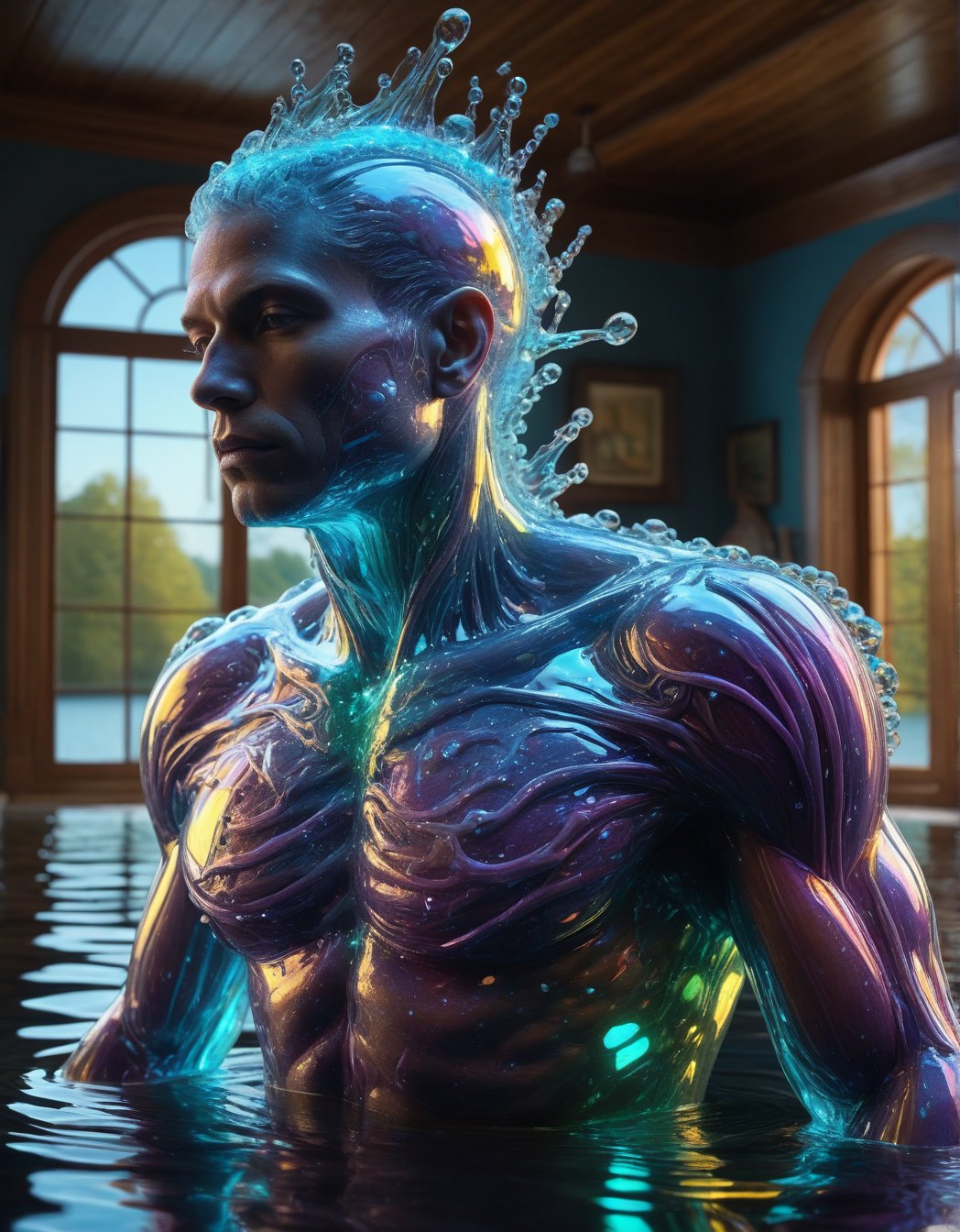 Ultra-realistic, hyper detailed and sharp photographic representation of a majestic body of human creature, in the style of Bioluminescent crystal liquid, vray tracing, raw character, 32k uhd, schlieren photography, conceptual medium body, creating a colorful and contrasting atmosphere, in a lake of a (Antique house), (vivid colors), (perfect contrast),DonMW15pXL