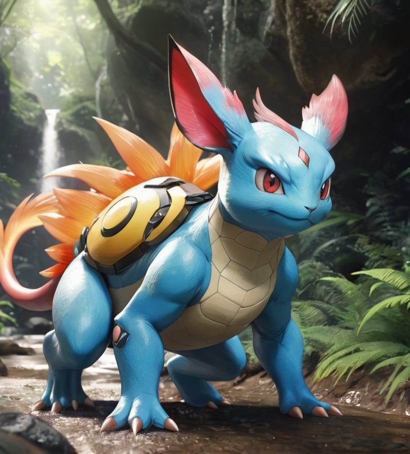 Realistic depiction of a Pokémon creature in a realistic environment, high level of detail, realistic style, vibrant colors, dynamic lighting, detailed texture work, CGI rendering, 4k resolution, inspiration by Satoshi Tajiri and Ken Sugimori, hyper-detailed concept art by Raf Grassetti and RJ. Palmer, cinematic quality, immersive
