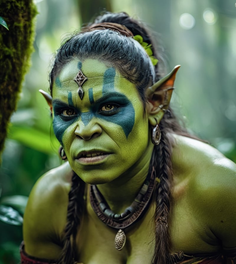 portrait of an beautiful orc woman, in lush rainforest, bold and energetic colors, Nikon D850, 85mm lens, ((Nature theme)), (masterpiece), ((ultra detailed)), (highly detailed CG illustration), (deadpan), (best quality: 1.2), texture of high quality, intricate details, detailed texture, high quality shadow, cinematic light