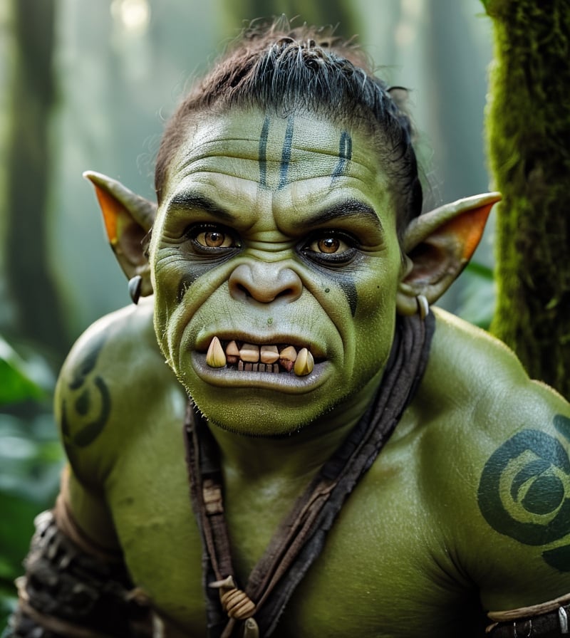 portrait of an beautiful orc kid, in lush rainforest, bold and energetic colors, Nikon D850, 85mm lens, ((Nature theme)), (masterpiece), ((ultra detailed)), (highly detailed CG illustration), (deadpan), (best quality: 1.2), texture of high quality, intricate details, detailed texture, high quality shadow, cinematic light