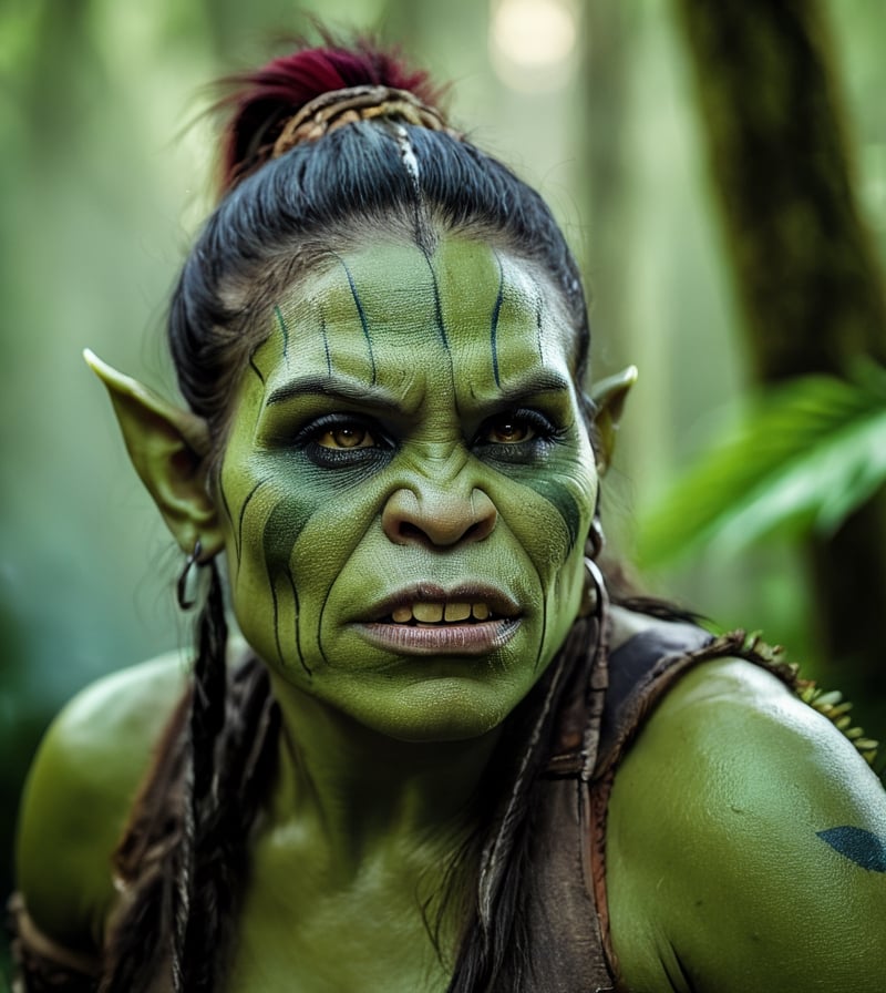 portrait of an beautiful orc woman, in lush rainforest, bold and energetic colors, Nikon D850, 85mm lens, ((Nature theme)), (masterpiece), ((ultra detailed)), (highly detailed CG illustration), (deadpan), (best quality: 1.2), texture of high quality, intricate details, detailed texture, high quality shadow, cinematic light
