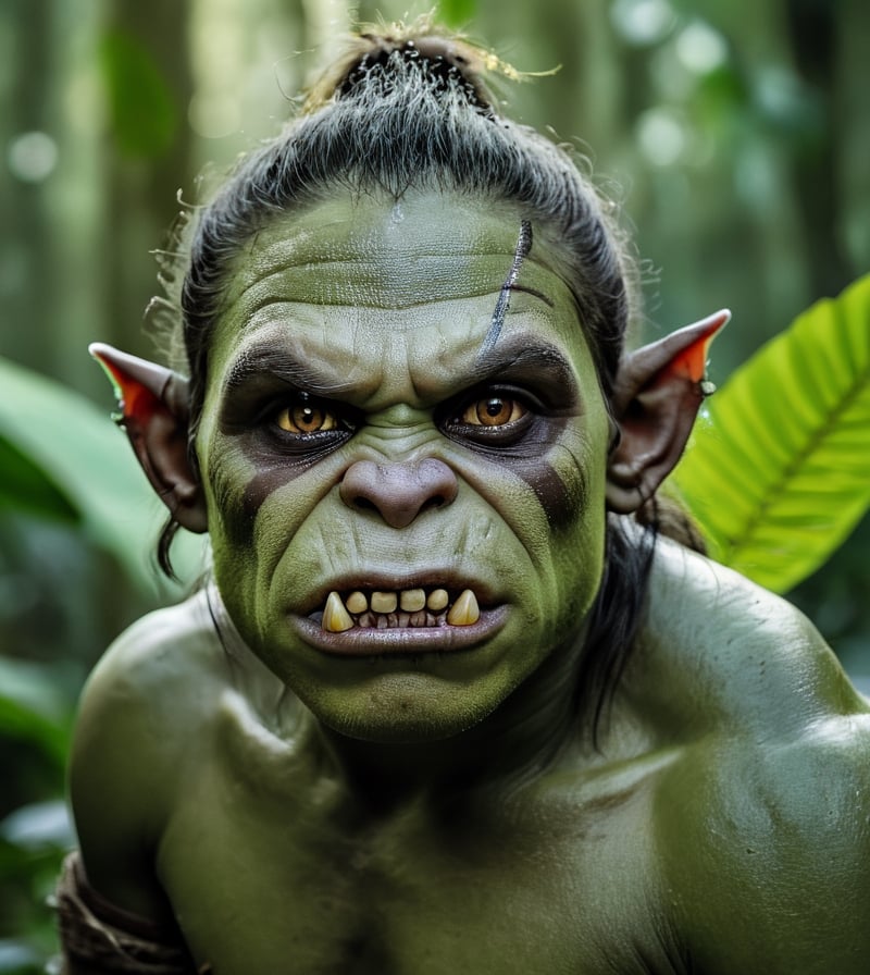 portrait of an beautiful orc kid, in lush rainforest, bold and energetic colors, Nikon D850, 85mm lens, ((Nature theme)), (masterpiece), ((ultra detailed)), (highly detailed CG illustration), (deadpan), (best quality: 1.2), texture of high quality, intricate details, detailed texture, high quality shadow, cinematic light